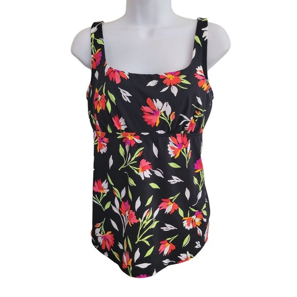 Lands End 10 Black Pink Green Floral Tankini Swim Top‎ Padded Bra Modest - Picture 1 of 7